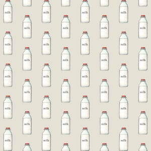 May include: A seamless pattern of milk bottles with red caps on a light beige background. The bottles are all filled with white milk and the word "milk" is printed on each bottle.
