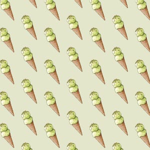 Puede incluir: Patr&oacute;n repetido de conos de helado de acuarela sobre un fondo verde claro. Cada cono tiene dos bolas de helado verde con chispas marrones y un cono de gofre marr&oacute;n.