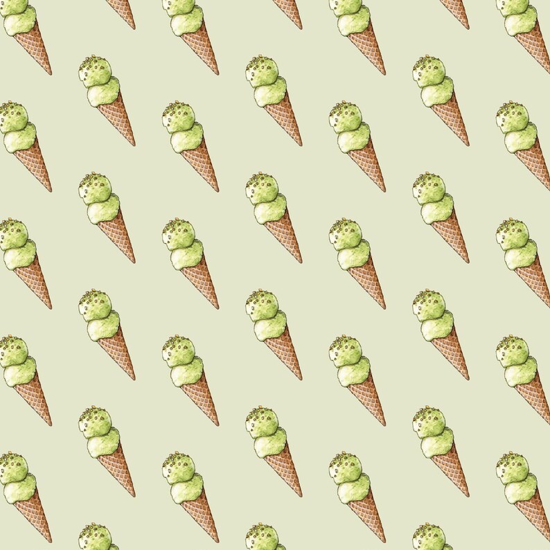Puede incluir: Patr&oacute;n repetido de conos de helado de acuarela sobre un fondo verde claro. Cada cono tiene dos bolas de helado verde con chispas marrones y un cono de gofre marr&oacute;n.