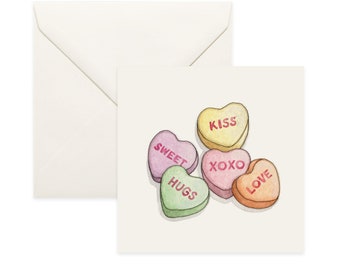 Candies & Sweets: Sweethearts / Notecard / Thank You Card / Message Card / Birthday Card / Food Illustration / Candy / Sweetheart