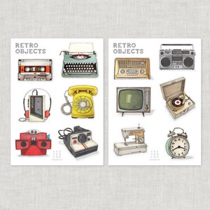 Stickers | Retro-objecten /RecordPlayer/TV/Radio/Boombox/Klok/Cassette/Schrijfmachine/Walkman/RotaryPhone/Viewmaster/Polaroid/Naaimachine