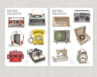 Stickers | Retro Objects /RecordPlayer/TV/Radio/Boombox/Clock/Cassette/Typewriter/Walkman/RotaryPhone/Viewmaster/Polaroid/Sewing Machine