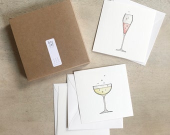 Champagne Glasses: Cards Box Set / Notecards / Flat Cards / Watercolor Illustration / Gifts / Gift Boxes / Bubbly / Flutes / Coupe