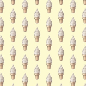 Puede incluir: Patr&oacute;n repetitivo de conos de helado de crema blanda sobre un fondo amarillo claro. Cada cono presenta un remolino de helado blanco sobre un cono de gofre marr&oacute;n. El dise&ntilde;o es un patr&oacute;n repetitivo, creando una est&eacute;tica veraniega.