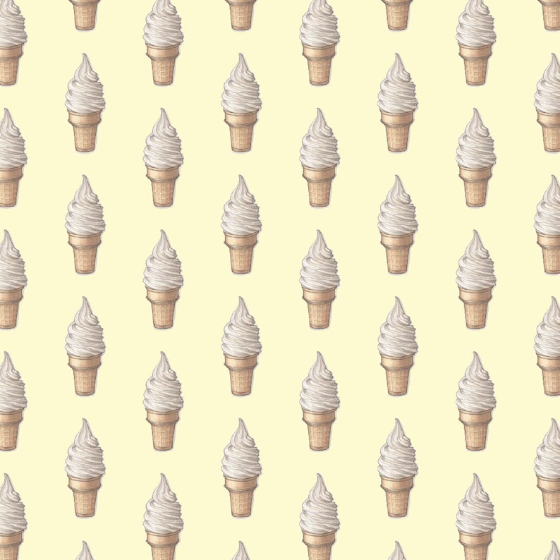 Puede incluir: Patr&oacute;n repetitivo de conos de helado de crema blanda sobre un fondo amarillo claro. Cada cono presenta un remolino de helado blanco sobre un cono de gofre marr&oacute;n. El dise&ntilde;o es un patr&oacute;n repetitivo, creando una est&eacute;tica veraniega.