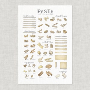 Pasta Shapes: Poster / Food / Illustrations / Art Print / Home Decor / Spaghetti / Shells / Spirals / Fettuccine / Linguine / Ravioli