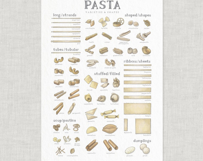 Formes de pâtes: Affiche / Nourriture / Illustrations / Impression d’art / Décoration intérieure / Spaghetti / Coquillages / Spirales / Fettuccine / Linguine / Ravioli