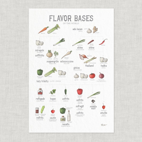 Flavor Bases of the World: Poster / Culinary / Cooking / Kitchen Reference / Wall Art / Art Print / Mirepoix / Sofrito / Holy Trinity