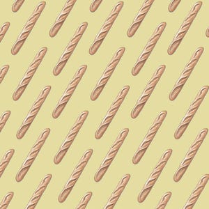 May include: A repeating pattern of brown baguettes on a light yellow background. The baguettes are angled and evenly spaced, with detailed textures and shading. The image has a warm, inviting feel, suggesting baked goods or a bakery theme.