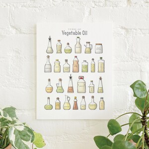 Gorduras: Óleos vegetais / Impressão artística 8,5 x 11 / Ilustração em aquarela / Decoração para casa / Culinária / Assados / Culinária / Azeitona / Canola / Girassol