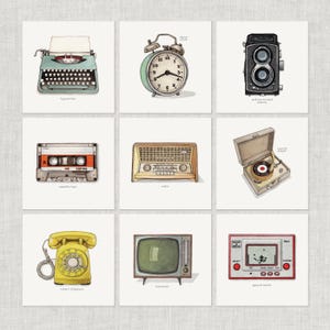 Retro-objecten (1 van 2): Notitiekaart / Bedankkaart / Berichtkaart / Verjaardagskaart / Aquarelillustratie / Schrijfmachine / Draaitelefoon
