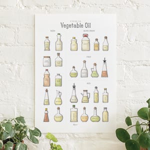 Gorduras e óleos 2 de 2 (óleos vegetais): pôster / gráfico / tipos / alimentos / ilustrações / impressão de arte / decoração para casa / culinária / panificação / culinária