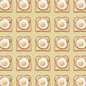 May include: A repeating pattern of fried eggs on toast slices against a light yellow background. The eggs have yellow yolks and white egg whites, with pepper sprinkled on top. The toast is golden brown.
