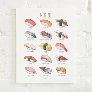 Sushi (Maki & Nigiri): 8.5x11 Kunstdruck / Aquarell Illustration / Kunstdruck / Wohndeko / Japanische Küche / Essen / Fische und Fische