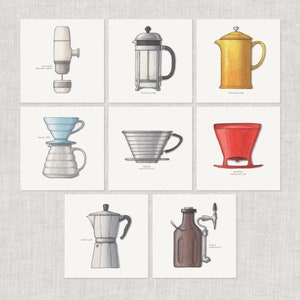 Méthodes de préparation du café (2 sur 3) : cafetière sous vide / carte pour lettres / carte de remerciement / carte de vœux / anniversaire / aquarelle / presse française