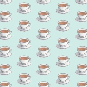 May include: A repeating pattern of teacups filled with brown tea on a light blue background. Each teacup has a white saucer and a white handle.