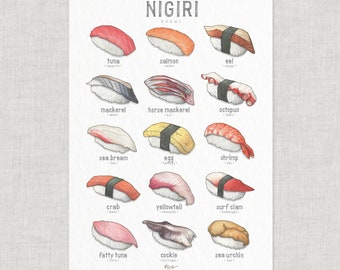 Nigiri Sushi: Poster / Food / Vegetables / Illustrations / Art Print / Home Decor / Kitchen / Japanese Cuisine