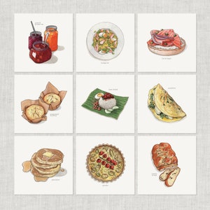 Śniadanie i brunch (2 z 3): Kartka z notatką / Karta z podziękowaniami / Karta z wiadomością / Karta urodzinowa / Ilustracja jedzenia / Dżemy / Łosoś / Babeczki / Omlet