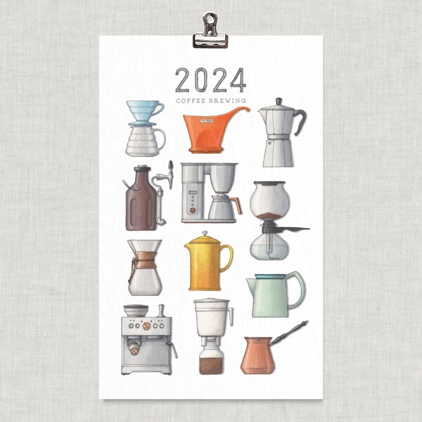 2024 Calendar: Coffee Brewing Methods / Food / Illustrations / Art Print / Home Decor / Cafe / Espresso / Latte / Cold Brew / Drip