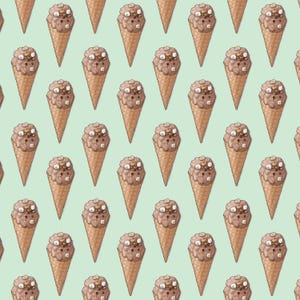 Puede incluir: Patr&oacute;n repetido de conos de helado ilustrados sobre un fondo verde claro. Cada cono es marr&oacute;n con una bola de helado de chocolate cubierta con trozos blancos y beige. Los conos est&aacute;n espaciados uniformemente.