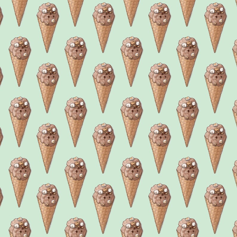 Puede incluir: Patr&oacute;n repetido de conos de helado ilustrados sobre un fondo verde claro. Cada cono es marr&oacute;n con una bola de helado de chocolate cubierta con trozos blancos y beige. Los conos est&aacute;n espaciados uniformemente.