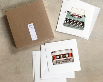 Retro Objects: Cards Box Set / Notecards / Flat Cards / Watercolor Illustration / Gifts / Gift Boxes / Walkman / Typewriter / Rotary Phone