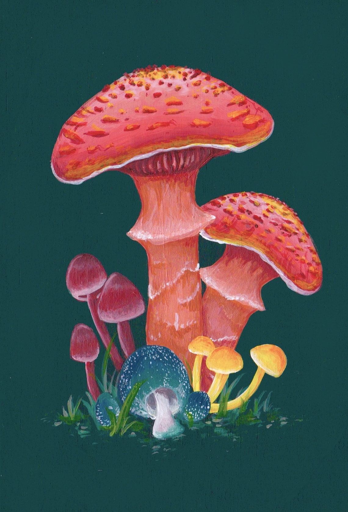 Green Mushroom Cluster Art Print 4x6 Etsy