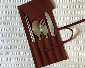 Zero Waste Cutlery Wrap - Brown | Travel Utensil Wrap | Lunch Bag | Eco-friendly Gift | Minimalist Gift
