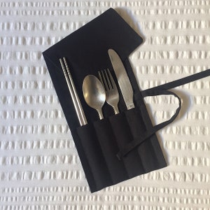Envoltorio para cubiertos sin residuos, color negro, envoltorio para utensilios de viaje, bolsa para el almuerzo, regalo ecológico, regalo minimalista