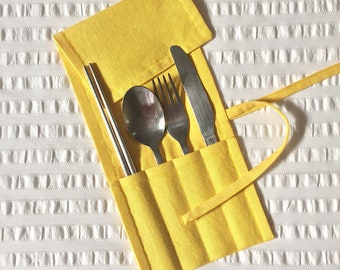 Zero Waste Cutlery Wrap - Yellow | Travel Utensil Wrap | Lunch Bag | Eco-friendly Gift | Minimalist Gift