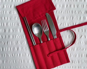 Zero Waste Cutlery Wrap - Red | Travel Utensil Wrap | Lunch Bag | Eco-friendly Gift | Minimalist Gift