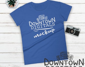 Download Free FLAT LAY MOCKUP, Royal Blue, Womens T Shirt, Anvil 880 Mockup, Photorealistic, Wood Background, Rustic Mockups, Accessories, Outfit PSD Template