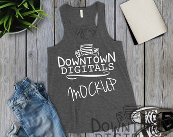 Download Bella Canvas 8800 Mockup Dark Heather Gray Flat Lay Racerback Womens Tank Top Photorealistic Wood Background Jeans Shoes Outfit T Shirt Mockup Template Psd Yellowimages Mockups