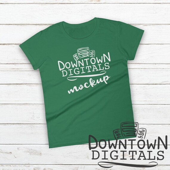 Flat Lay Mockup Kelly Green Womens T-Shirt Anvil