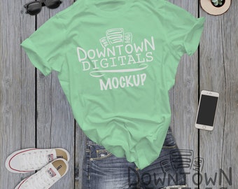 Bella Canvas 3001 T Shirt Mockup Women S Flat Lay Mock Up Mint Green Bella Canvas 8413 3413 Anvil 880 Shirt Mockups Wood Shoes Jeans Free Downloads Psd Mockups Template