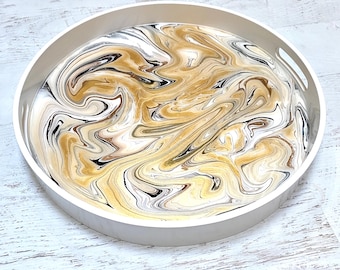 18" Round White Ottoman Tray - Christmas Gift - Gold, Black, Bronze & White 1866