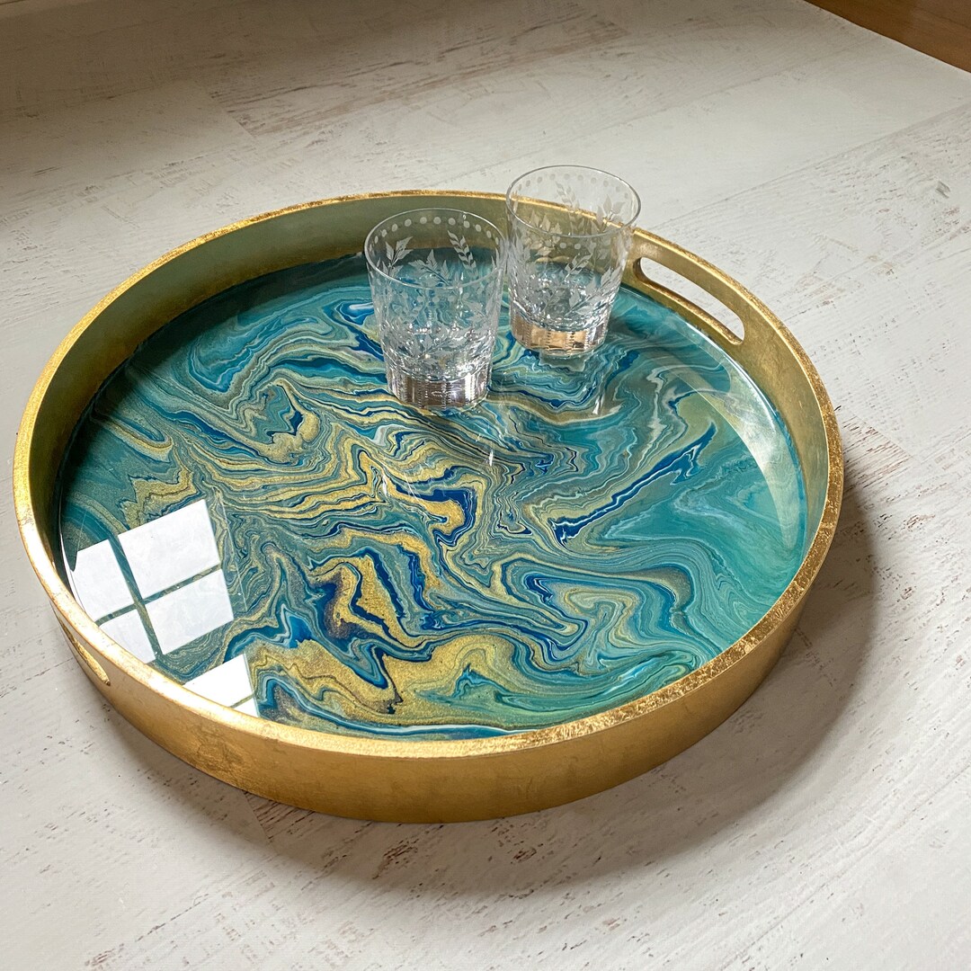 18 Round Gold Leaf Serving Tray With Handles Ottoman Etsy