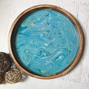 Serving Tray with Handles - 15” Round - Swirls of Light Blues & White  1217