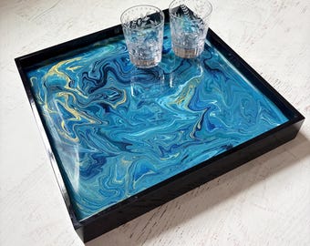Large Square Coffee Table or Ottoman Tray | Black Lacquer Tray Hand-Painted in Shades of Blue & Gold | Modern Decorative Serving Tray