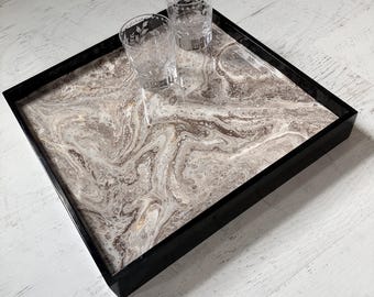 Large Square Black Lacquer Coffee Table Ottoman Tray | Modern Decorative Serving Tray | Hand-Painted in Brown, Cream & Gold