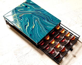 Nespresso or Keurig Pod Storage Organizer, Handmade Acrylic Pour Art, Unique Coffee Lover Gift