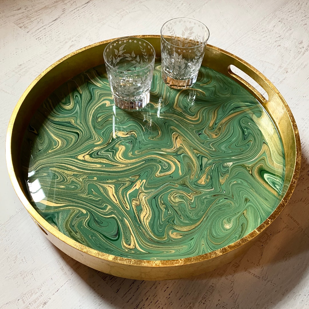 18 Round Gold Leaf Serving Tray With Handles Oversized Etsy