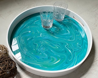 18" Round White Lacquer Serving Tray: Teal Swirl Ottoman Tray