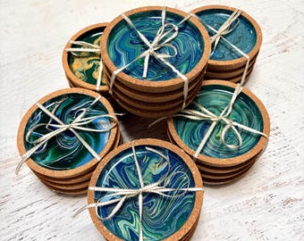 Hand-Painted Colorful Cork Drink Coasters - Teal/Blue/Green - Set of 4