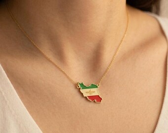 Iran Map Faravahar Necklace - Iran Flag Necklace - Sterling Silver - 14K Gold
