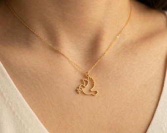 Dove Olive Necklace 14k Solid Gold, Gold Bird Pendant, Holy Spirit Charm, Peace Symbol, for Woman, Kids, Children, toddler