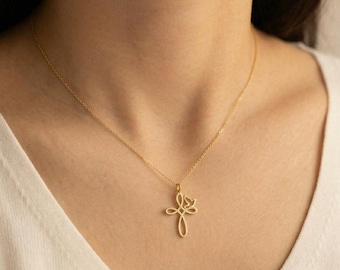 Cross and Dove Necklace 14k Solid Gold, Faith Pendant, Christian Jewelry, Symbol of Peace and Hope for Woman, Kids, Children, toddler