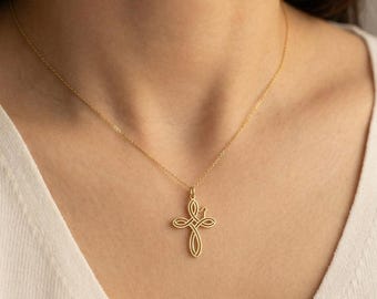 Holy Spirit Pendant, Cross and Dove Necklace 14k Solid Gold, Christian Jewelry, Symbol of Peace and Hope for Woman, Kids, Children, toddler