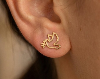 Dove Olive Earrings 14k Solid Gold, Gold Bird Stud Earring, Holy Spirit, Peace Symbol, for Woman, Kids, Children, toddler