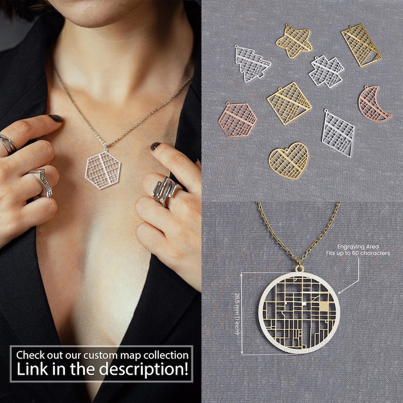May include: A collection of geometric pendant necklaces and charms in silver, gold, and rose gold tones. The pendants feature a map-like design. The image includes the text: "Check out our custom map collection. Link in the description!" The round pendant measures 26.5 mm (1 inch).